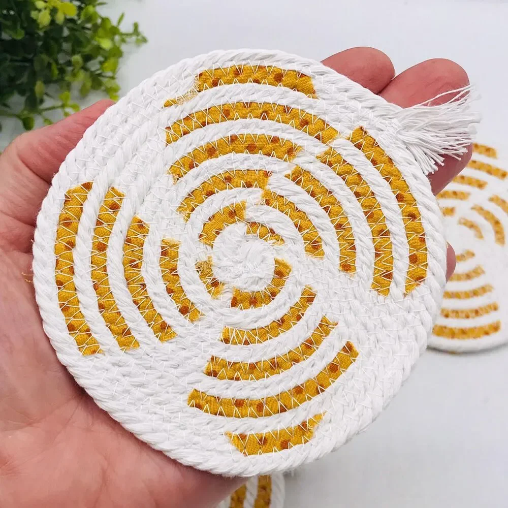 One Set of 4 Rope Coffee Coasters Cotton Fall Orange Dots Sunroom Cottage 4.25